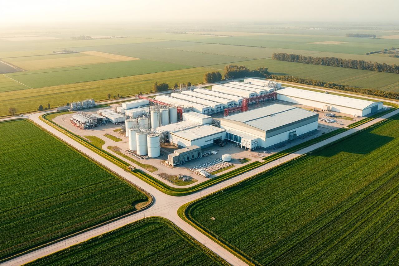 Aerial view of the PREGEL WORLD tapioca starch production complex surrounded by farmland